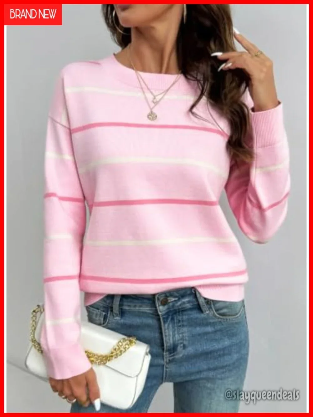 Casual Crew Neck Striped Lightweight Knit Tunic Sweater Pullover